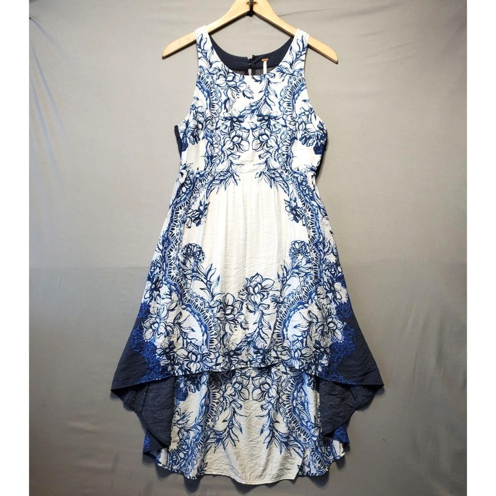 Free People Blue White Toile High Low Dress Lace Back Cottagecore Coastal Boho S